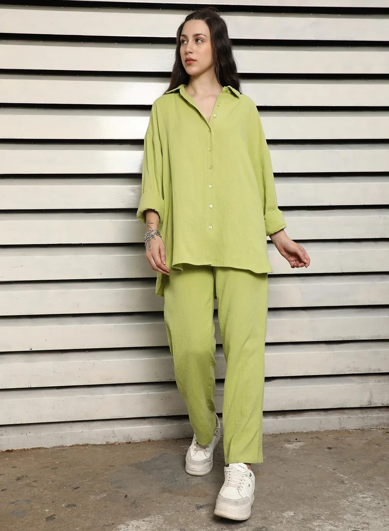 HIGH STAR Women's Green 100% Cotton Solid Pattern Button Down Upperwear Full Length Chinos Dad Fit Co-Ords